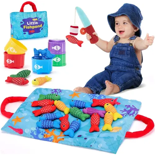 Toddler Toys Montessori Toys for 1 Year Old Boy Girl Birthday Gift -10 in 1 Cloth Fishing Game for Toddlers 1-3 with Stacking Cups- Number Counting, Color Sorting, Shape Learning Baby Toys Baby Gifts