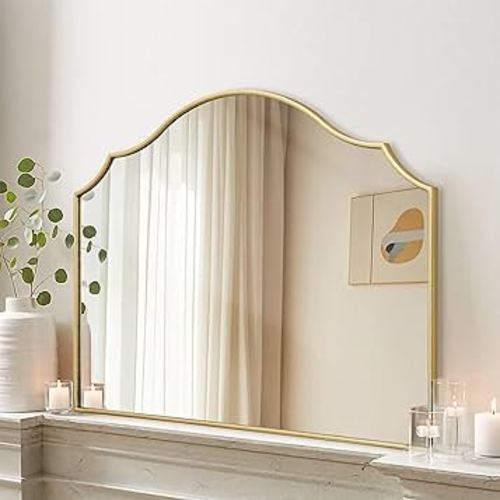 Besdomus Gold Scalloped Arched Mirror: 35"x26" Large Modern Mantle Mirror - Minimalist Dresser Wall Mirrors for Vanity/Bedroom/Fireplace/Living Room/Entryway/Home Decor
