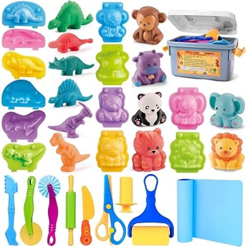 Playdough Tools Sets for Kids, 22pcs Play Dough Accessories for Toddlers with Storage Box, Silicone Mat, Rolling Pins, Safety Scissors, Mini Knife,3D Dino & Animal Molds, Birthday Gift for Boys Girls