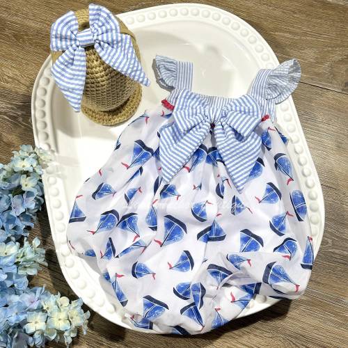Sailboats White Baby Bubble Romper Set | Girls Light Blue Seersucker Bow Outfit | 9M Striped Onesie with Matching Bow