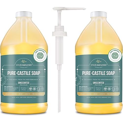 Pure Castile Soap Liquid, EWG Verified & Certified Palm Oil Free Unscented, Natural, Mild & Gentle Non-gmo & Vegan - Organic Body Wash, Laundry, Pet/Dog and Baby Soap -Pack of 2 w/pump