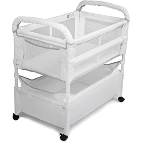 Arm’s Reach Clear-Vue Co-Sleeper Bedside Bassinet Featuring Clear Mesh Panels with Fold-Down Side, Large Attached Storage Basket, 4 Wheels, and Height-Adjustable Legs, White