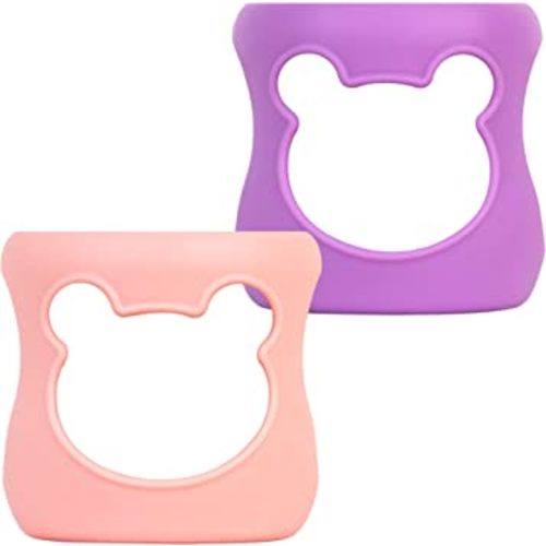 100% Silicone Baby Bottle Sleeves for Philips Avent Natural Glass Baby Bottles, Premium Food Grade Silicone Bottle Cover, Cute Bear Design, 4oz, Pack of 2 (Pink/Purple)