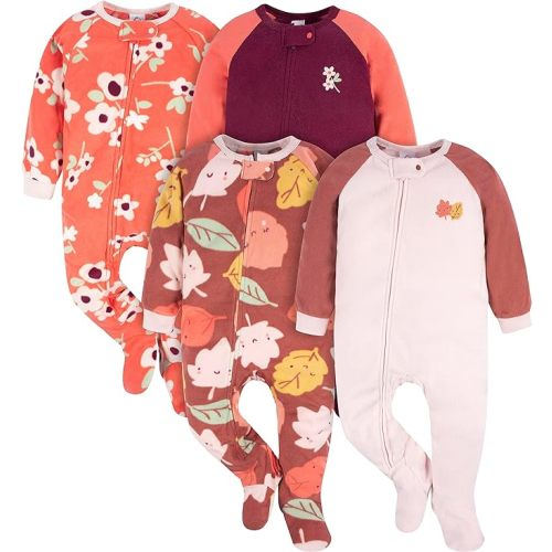 Gerber Baby Girls Toddler Loose Fit Flame Resistant Fleece Footed Pajamas 4-Pack - Pink Leaves & Flower Toss