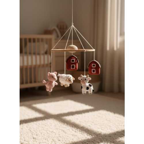 Crochet Farm Animal Nursery Mobile, Barnyard Baby Crib Mobile, Handmade Cow Sheep Pig Baby Mobile, Farm Nursery Decor, Baby Shower Gift