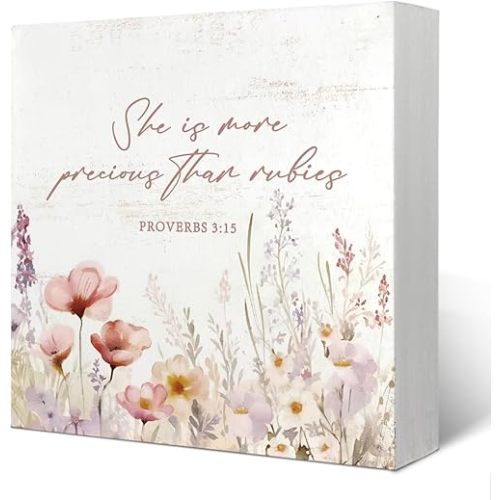 Girl Nursery Decor,Baby Girl Nursery Decor,Proverbs 3:15 Sign,Wildflower Flower Nursery Bible Verse Floral Wooden Box Desk Decor for Bedroom Playroom Baby Girl Gift 5x5 Inch