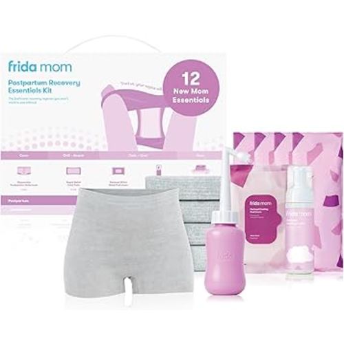 Frida Mom 11pc Postpartum Essentials Kit Gift Set, Hospital Bag Must Haves for New Mom, Includes 4 Disposable Postpartum Underwear, 4 Ice Maxi Pads, Perineal Healing Foam & 24 Pad Liners & Peri Bottle