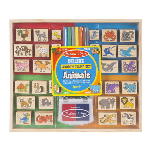 Melissa & Doug Kids Deluxe Wooden Animal Stamp Art Set: 30 Stamps, 6 Markers, 2 Ink Pads