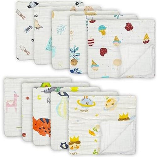 Muslin Burp Cloths Cotton Burping Cloth 20'‘ X 10’' Pack of 10, Baby Spit Up Cloths for Newborn, Absorbent, Soft, Breathable Large, Premium 6-layer Construction, Unisex, for Boys Girls(Cute)