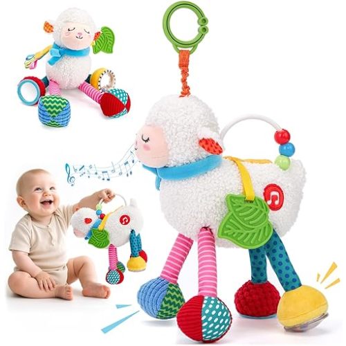 hahaland Musical Plush Sheep Car Seat Toys for Baby 0 3 6 12 Months