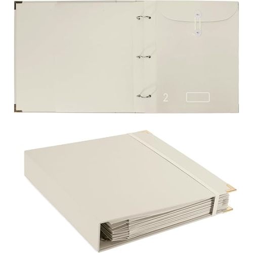 Sturdy Hardboard 3-Ring Binder Organizer with Expanding Pockets - Document Storage Folder for Home, Office, School Use - Includes Envelopes, Labels & Multi-Pocket File Organizer (Beige)
