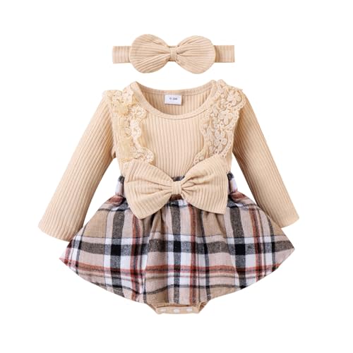 KAFIREN Baby Girl Clothes Fall Winter Outfit Plaid Romper Long Sleeve Dress Lace Ruffles Bodysuit with Bow Headband