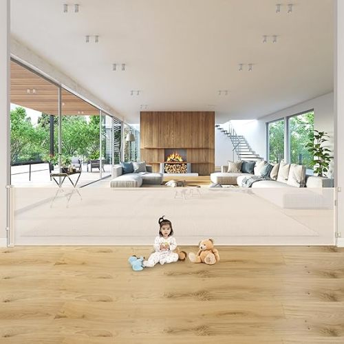140 Inch Extra Wide Baby Gates for Large Openings, Retractable Baby Gate Extra Wide Dog Gate, Long Pet Gate Retractable Dog Gate Indoor Retractable Gate Outdoor Garage Gate, Retractable Fence, Beige