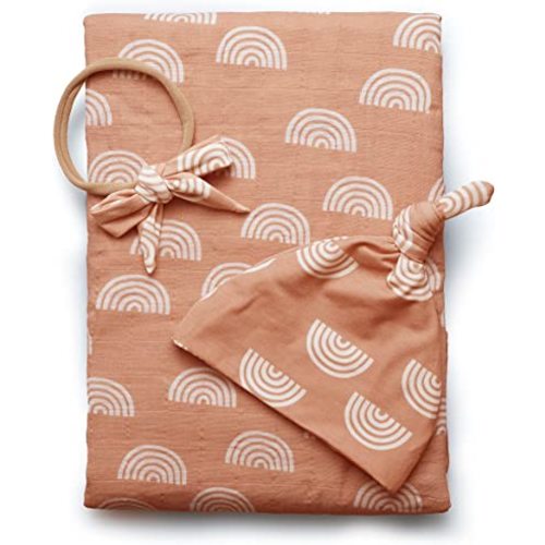 Miaoberry 100% Organic Cotton Muslin Baby Swaddle Blanket Set | Caramel Rainbow| Newborn Girl Unisex Neutral| Boho Vintage Rainbow Baby| Matching Hat Bow |