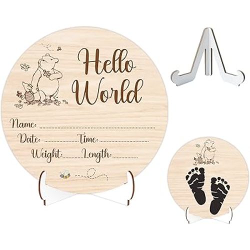 Winnie Baby Wooden Newborn Birth Sign, Winnie Hello World Newborn Signs, Babies Name Plaques Photography Prop, The Pooh Baby Announcement Sign, Pooh Double Sided Hello World for New Mom Babies Decor