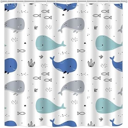 Cartoon Whale Shower Curtain Funny Cute Blue Gray Underwater Fish Abstract Nautical Ocean Sealife Polyester Curtains Bathroom Decor with Hooks 67" Wx70 H