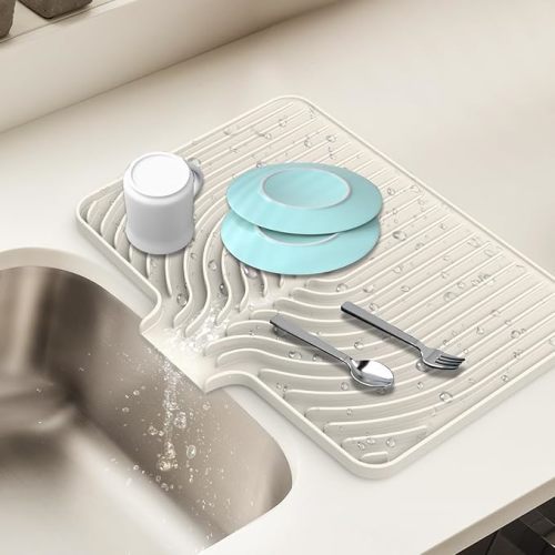 Dish Drying Mat for Kitchen Counter, with Built-in Drain Lip, Food-Grade Silicone, Easy Clean Pad for Countertop Protection, Multi-Functional Use (18x11.8, Beige)