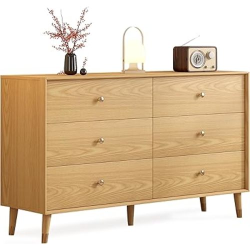 6-Drawer Dresser, Solid Wood Frame, Sturdy and Spacious Design, Modern Bedroom Storage Organizer, Multi-Functional Chest for Bedroom, Hallway, Living Room, or Office (Oak Color, 47.2)