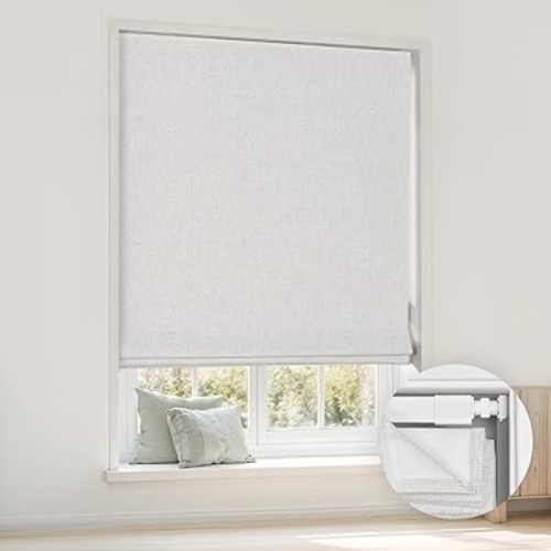 LazBlinds No Tools No Drill Cordless Roman Shades for Windows, Blackout Thermal Insulated UV Blocking Window Blinds, Room Darkening Fabric Blinds for Indoor Windows, 44'' W x 64'' H, Off White