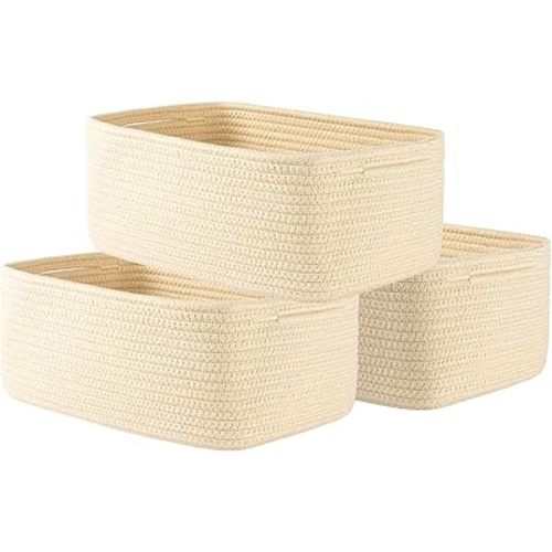 KALLAX Small Woven Basket, 13.5 x 9.5 x 5 Inches, Storage Basket for Organizing, Cute Small Rope Shelf Closet Cube Storage Bins Baskets for Shelves, Dog Toy Gift Baskets Empty, 3 Packs, Beige