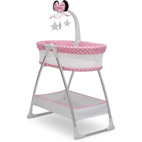Delta Children – Disney Minnie Mouse Bassinet with Rotating Mobile Arm, Vibration, Nightlight and Music, White/Pink