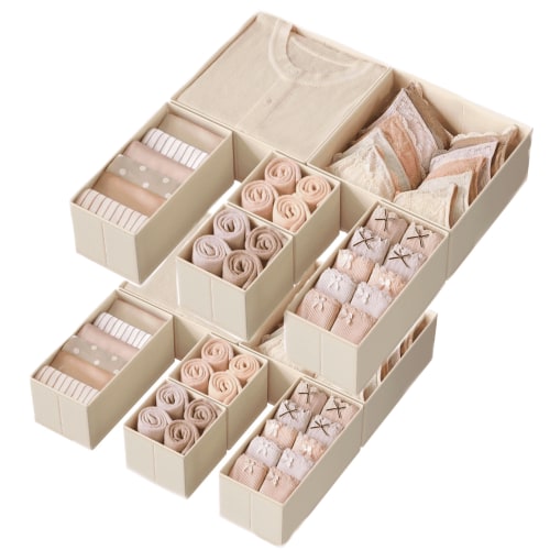 UU&T Drawer Organizer for Clothing, Underwear & Socks, Foldable Beige for Fabric Dresser Storage Space, 12 Pack