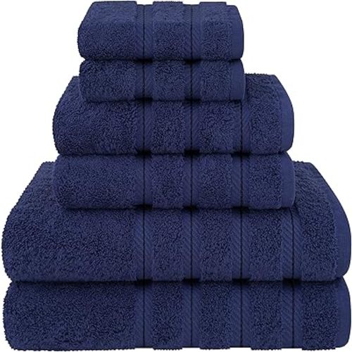 American Soft Linen Luxury 6 Piece Towel Set, 2 Bath Towels 2 Hand Towel 2 Washcloths, 600 GSM 100% Cotton Turkish Towels for Bathroom, Navy Blue Towel Sets