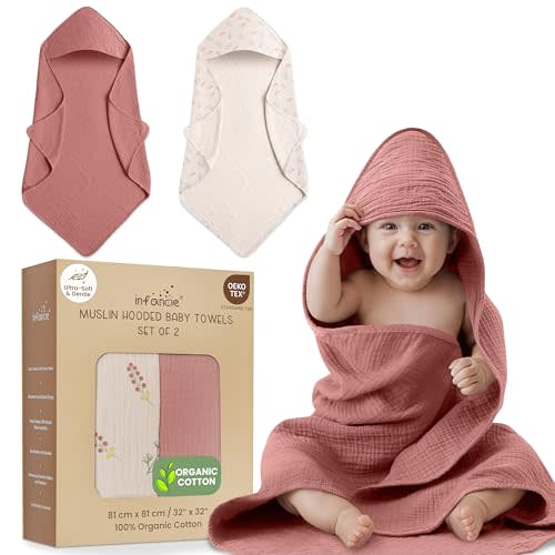 infancie Organic Cotton Muslin Baby Hooded Towels - 32x32 Inch, 2 Pack Newborn Bath Towels for Boys & Girls, Soft & Absorbent Bath Set (Pink/Floral)