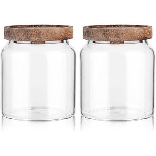 Labina Glass Storage Container Airtight Food Jars Kitchen Canister with Wood Lids, 20 Oz Wide Mouth Pantry Organization Glass Jar for Flour, Sugar, Cookie, Spagetti, Nuts and Candy (2 Pack)