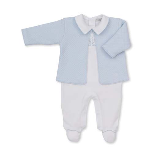 Giraffe Laughs White Footie & Blue Jacquard Jacket Set