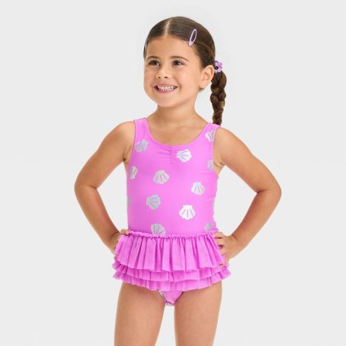 Toddler Girls' Seashell Printed Tutu One Piece Swimsuit - Cat & Jack™ Purple 2T: UPF 50+, Ruffles, Keyhole Back