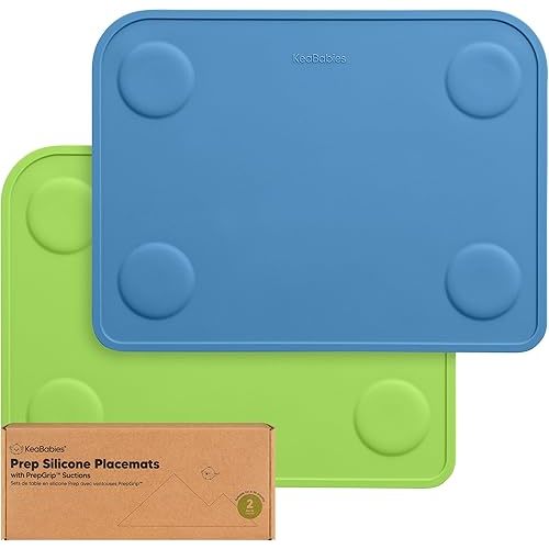 KeaBabies 2-Pack Silicone Placemats for Toddlers - Non Slip Suction Baby Silicone Placemat for Kids, Eating/Feeding, Easy to Clean, Busy Travel Baby Mat for Dining Table, Food Grade/BPA-Free (Kea)
