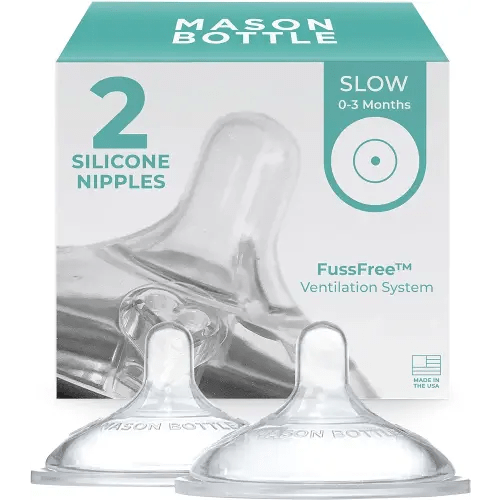 Mason Bottle Nipples (2-Pack) - Silicone Nipples, Fits Any Regular-Mouth Mason Jar - Slow Flow (0-3 Months), Wide Natural-Shaped, BPA-Free, Non-Toxic Baby Bottle Nipples - Made in USA