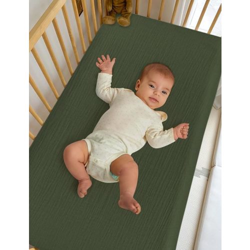 ZURLEFY Olive Green Baby Crib Sheets, Soft Muslin Baby Crib Sheets for Standard Crib Mattress, 28" x 52" Neutral Cotton Toddler Bed Sheet (46C-10) - Crib Sheets(52"x28"x9")