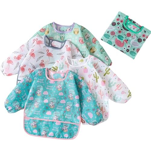 5 Pcs Long Sleeved Baby Toddler Bibs Waterproof Sleeved Bib 3-24 Months