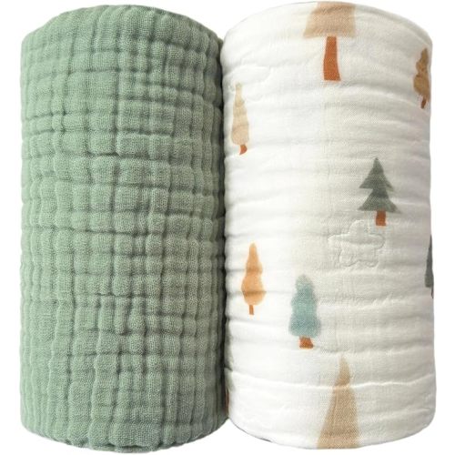 Pack of 2 Ultra Soft Cotton Muslin Baby Blanket Breathable Muslin Swaddle Blankets for Babies and Toddlers Boys Girls Newborn 43"X43" (Christmas Tree and Green)