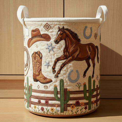 Western Horse Quilted Laundry Basket – Cowboy Storage Bin, Rustic Farmhouse Fabric Hamper, Country Home Decor Organizer. LBPETAL101