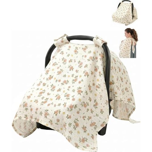 Metplus Muslin Car Seat Cover Baby & Nursing Cover, Soft Breathable Infant Carseat Covers for Summer, Windproof Car Seat Canopy for Boys Girls (Flowers)