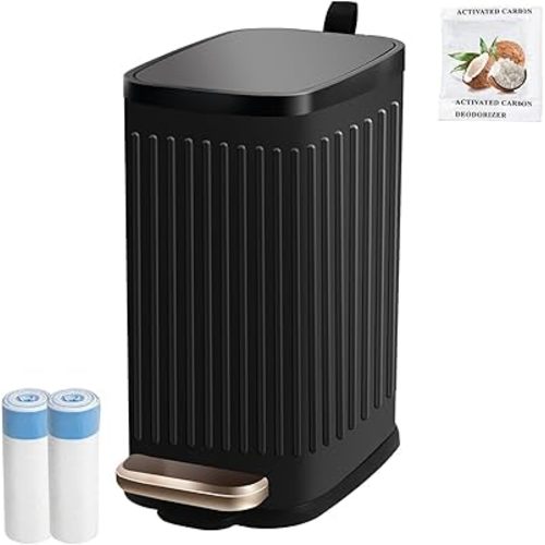 Small Trash Can Soft Close Odor Filter&Step Pedal, 5L/1.3 Gal Stainless Steel Black Bathroom Garbage Can with Lid Inner Bucket,Slim Metal Waste Basket- Bedroom Office