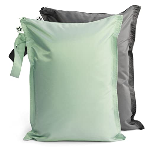 Tiny Twinkle Mess-proof Wet Bags 2 Pack Waterproof and Washable Bag for Travel storage, Stroller, Daycare, Baby Diapers, Yoga, Beach, Pool, Wet Toddler Swimsuits (Sage, Charcoal)