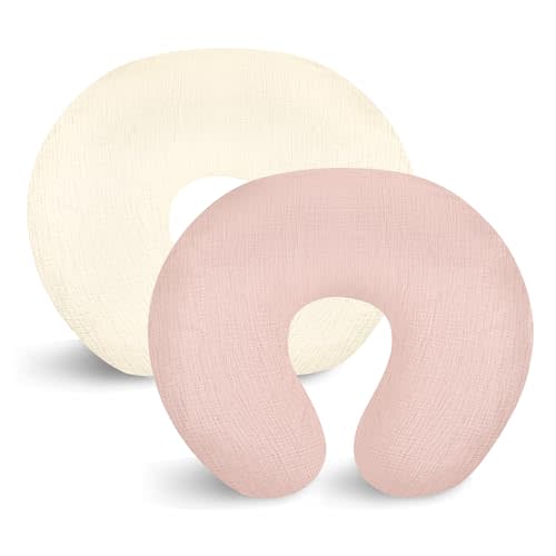 GFU Muslin Nursing Pillow Covers 2 Pack, Soft Feeding Pillow Slipcover for Breastfeeding Moms, Removable Case for Baby Girl and Boy (Beige, Pink)