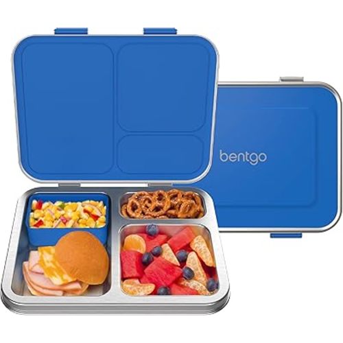 Bentgo Kids Stainless Steel Leak-Resistant Lunch Box - 3-Compartments with Bonus Silicone Container, Durable, Eco-Friendly, Dishwasher Safe, BPA-Free, Ideal for School, Ages 3+ (Blue)