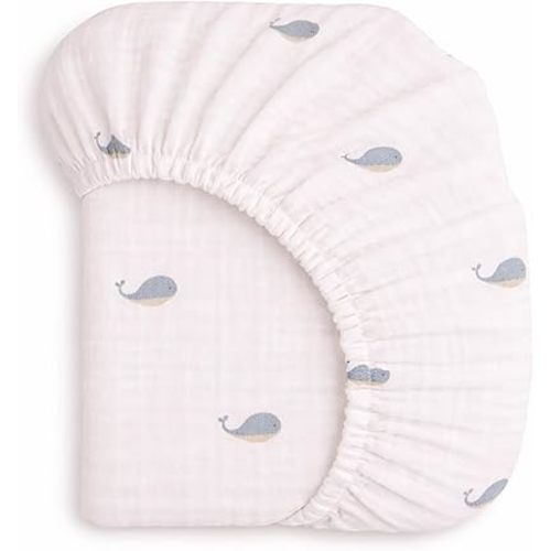 Ababy Custom Size Baby Fitted Sheet Muslin Cotton for Baby Boy or Girl – Crib, Bassinet & Toddler Mattress – Soft Breathable, 360° Elastic, Machine Washable, Pattern Designs (Whale Print)