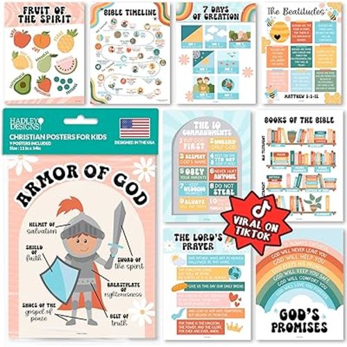 Hadley Designs Sunday School Decorations for Classroom –9 Bible Posters for Kids, Books of the Bible, 10 Commandments, Bible Timeline Chart, Fruits of the Spirit, Retro Christian Classroom Decor