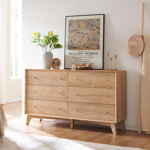 OKD Mid Centry Modern 6 Drawer Dresser for Bedroom, Living Room, Hallway, Kids Bedroom,54'' wood dresser, Natural Oak