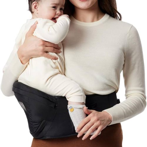 Momcozy Hip Seat Baby Carrier - Adjustable Waistband with Original 3D Belly Protector, Ergonomic Carrier with Various Pockets for Newborns & Toddlers up to 45lbs (Black, Medium)