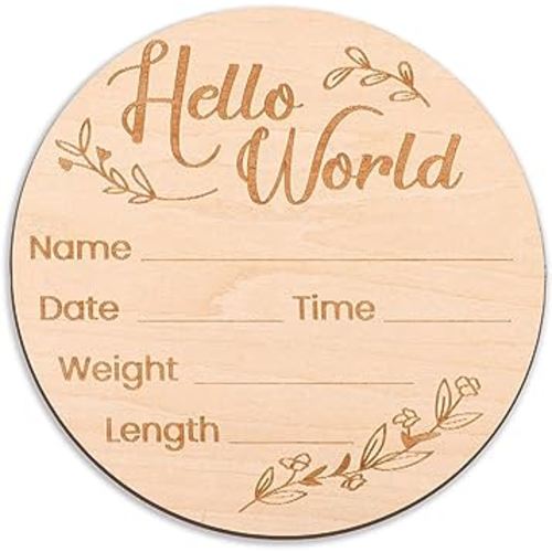 Wooden Baby Name Announcement Sign, 6inch Diameter Hello World Newborn Sign Birth Announcement Sign New Baby Sign for Hospital Nursery New Parents Baby Shower