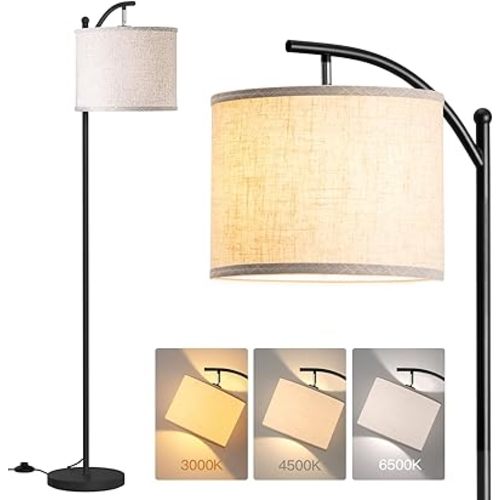 addlon Floor Lamp for Living Room with 3 Color Temperatures, Standing lamp with Linen lampshade for Bedroom, Office, Lamps with 9W LED Bulb Included - Black with Beige Lampshade