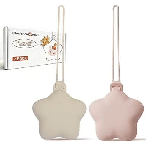 Silicone Pacifier Holder Case, Baby Silicone Pacifier Case Holders for Diaper Bag, Pacifier Pouch Container for Girl Boy, Easy Clean, 2 Pack Stars, Khaki + Pink