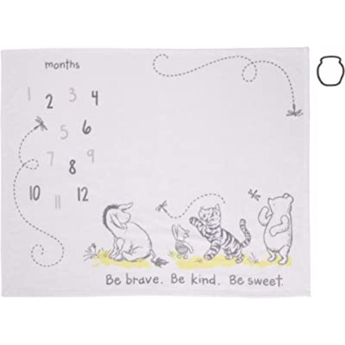 Disney Classic Winnie The Pooh, White, Grey & Lime Super Soft Milestone Baby Blanket, White, Grey, Lime, Charcoal